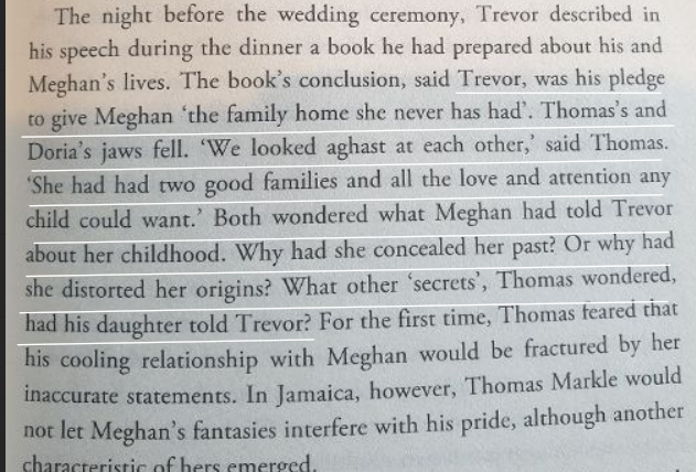 Remember when Harry promised to give Meghan the 'family she had never had', Guess what? So did Trevor. No wonder she schemed to keep her father away from her wedding to H. Credit: Thomas Markle/Bower, Revenge p.41.