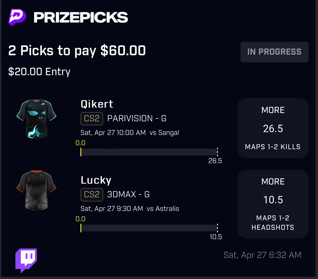 🪜PrizePicks Challenge Slip 2🪜

𝟮.) $𝟮𝟬 > $𝟲𝟬⬅️

Show Love If Trailing❤️‍🔥

#GamblingTwitter #PlayerProps #PrizePicks
#NBA     #GamblingX
#Prizepickswinning #CS2Giveaway
#Cs2Prizepicks #LeagueOfLegends #LOL #prizepicksLoL #GiveawayAlert #MarchMadness2024