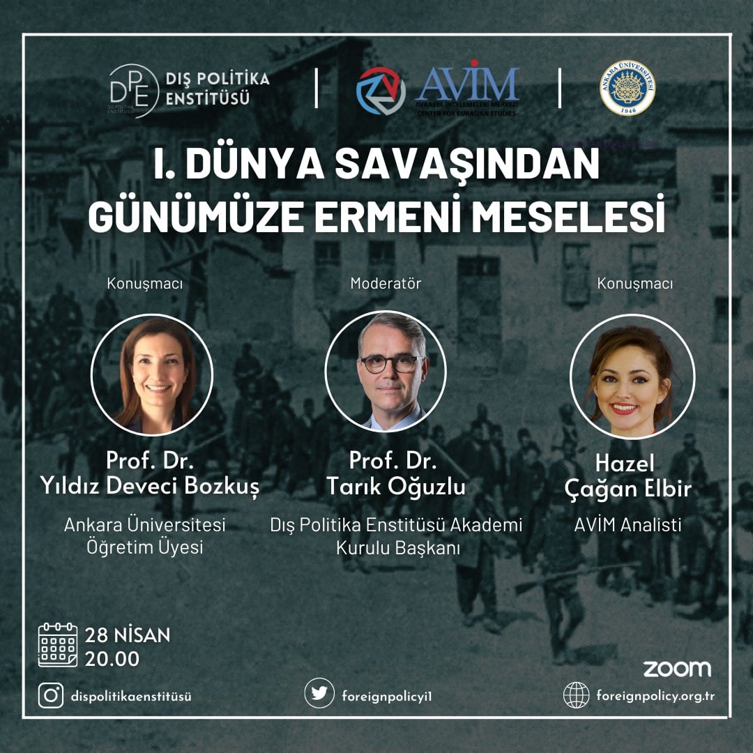 Enstitümüz ve Avrasya İncelemeleri Merkezi @AVIMorgtr ile ortaklaşa düzenlenen 'I. Dünya Savaşı'ndan Günümüze Ermeni Meselesi' programı 28 Nisan Pazar günü saat 20.00'da gerçekleştirilecektir. @TarikOguzlu @Yildizdeveci @HazelCagan Kayıt formu için⬇️ docs.google.com/forms/d/1gg-WK…