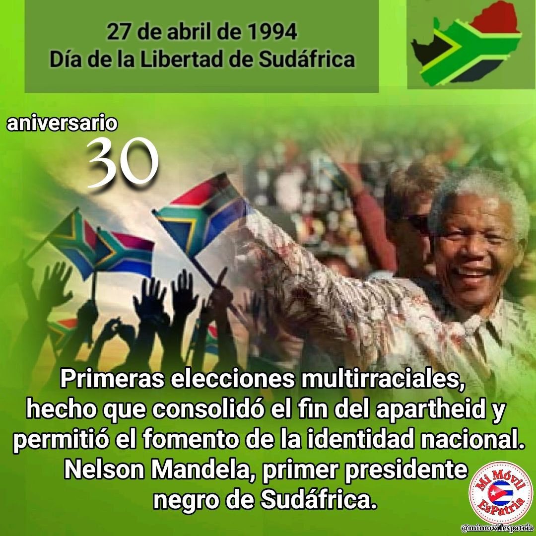 27 de abril de 1994 Día de la Libertad de Sudáfrica‼️ Un día como hoy se realizan las primeras elecciones multirraciales, hecho que consolidó el fin del apartheid y permitió el fomento de la identidad nacional. Nelson Mandela, primer presidente negro de Sudáfrica. #DPSGranma