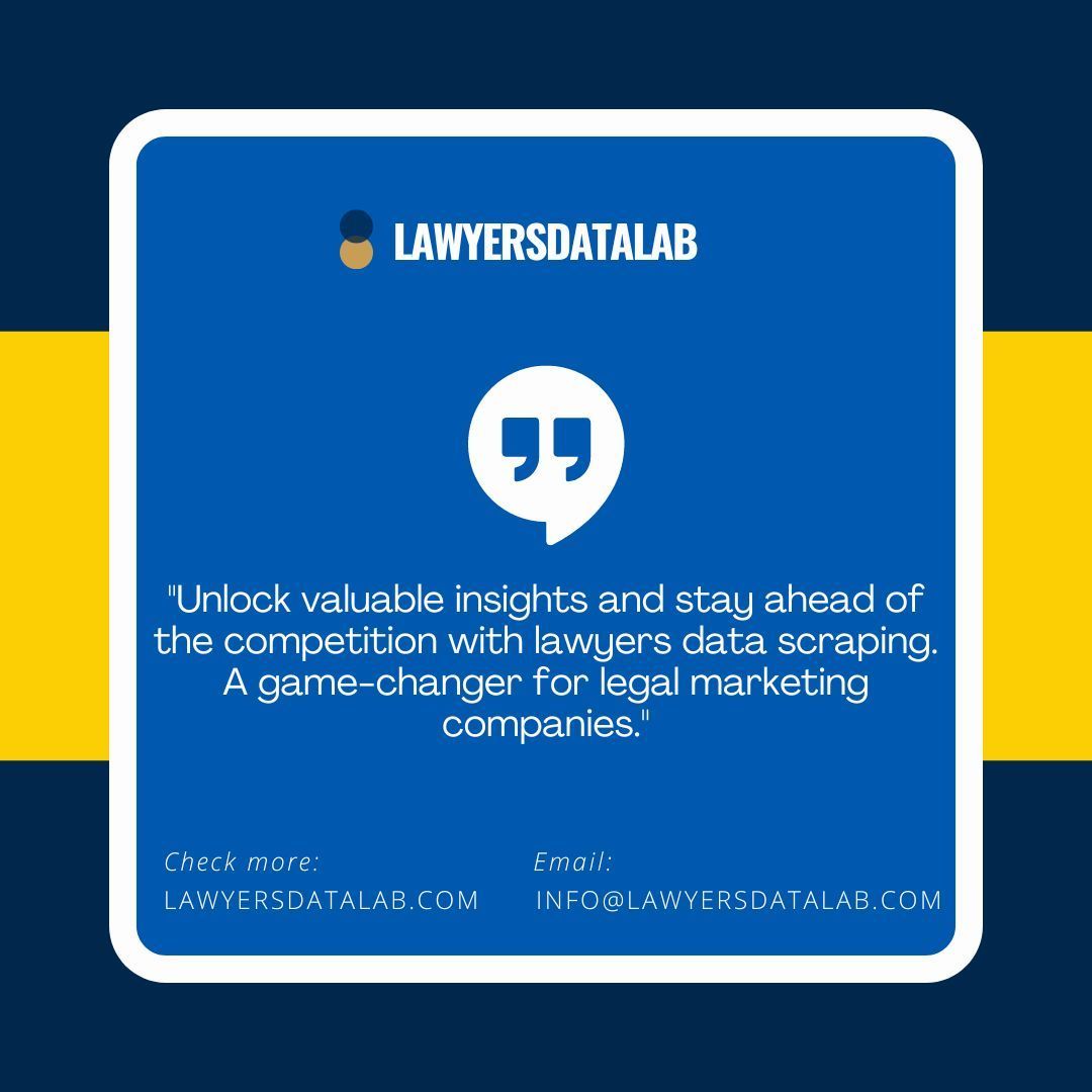 Unlock the power of data in legal marketing with lawyers data scraping! 🌐💼 Gain a competitive edge and reach your target audience effectively. #LegalMarketing #DataDrivenInsights  Email: info@lawyersdatalab.com