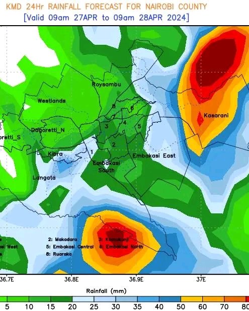 🌧️ Nairobi Metropolis Forecast Update 🌧️ Heavy rainfall expected in parts of Nairobi metropolis this Saturday. Stay weather-aware! ☔️ Check meteo.go.ke for updates~via @MeteoKenya @Ma3Route #NairobiFloodControl #nairobifloods 🗺️