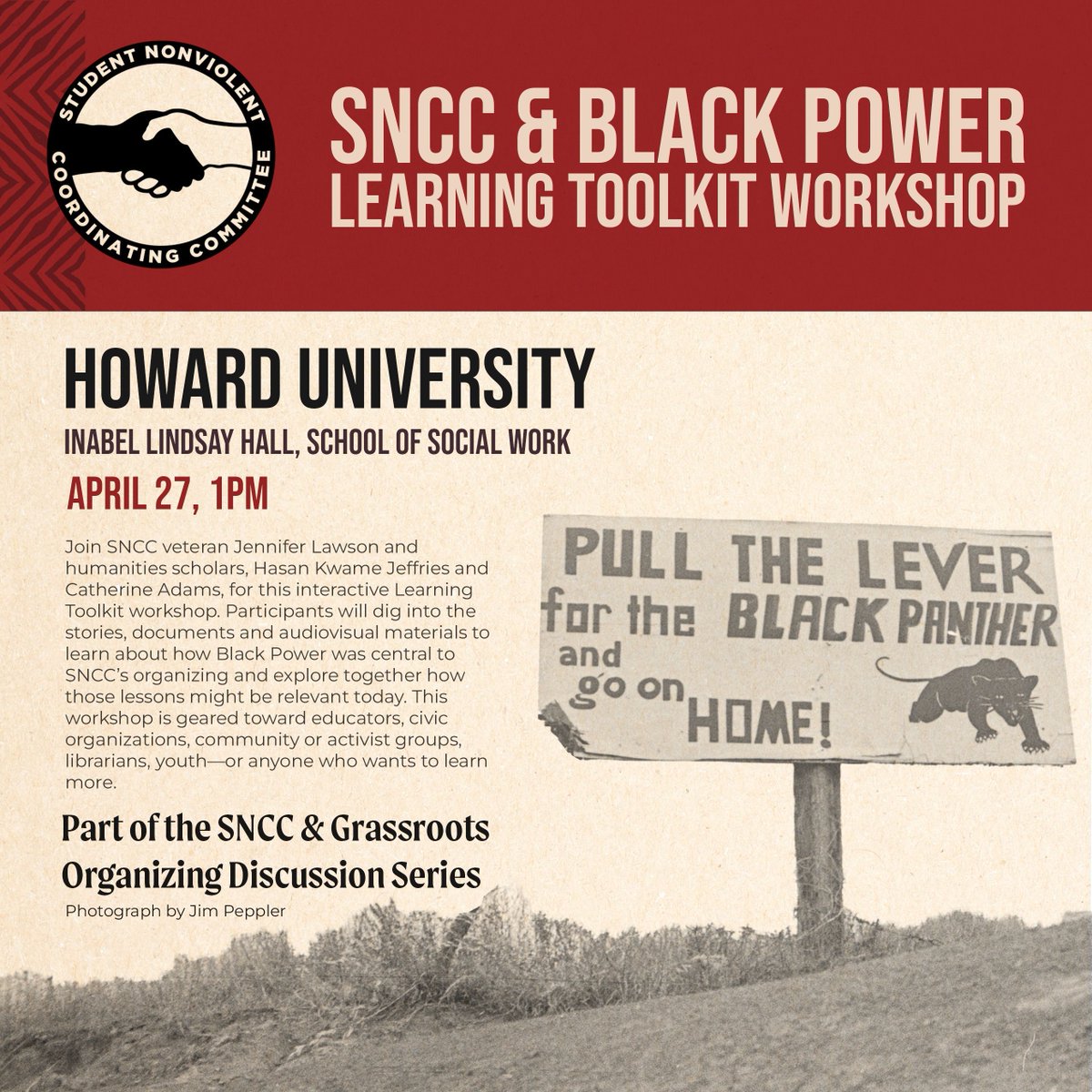 Join us at Howard University's School of Social Work Auditorium for our Black Power Learning Toolkit workshop today! We hope to see you there! #BlackPower #SNCCLegacy