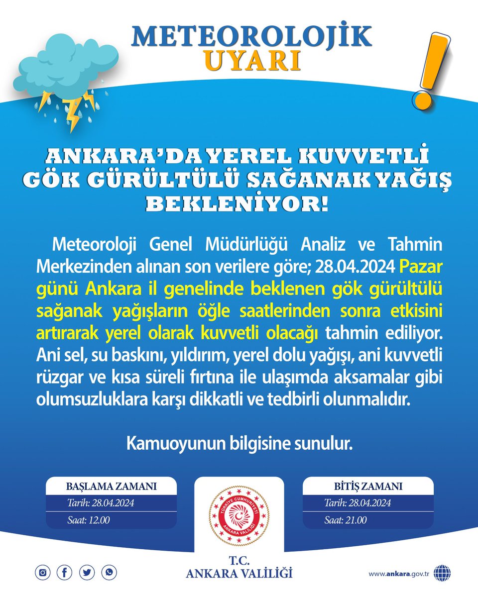 Meteoroloji Genel Müdürlüğü Ankara Bölge Tahmin ve Erken Uyarı Merkezi verilerine göre; Ankara'da Yerel Kuvvetli Gök Gürültülü Sağanak Yağış Bekleniyor!