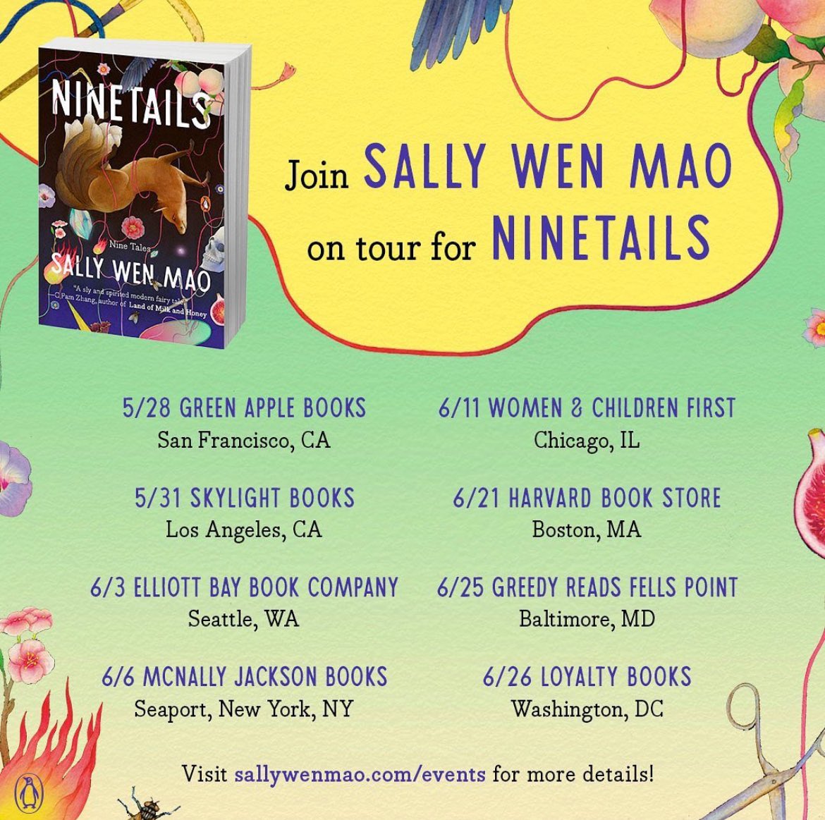 📆 MARK YOUR CALENDARS! 📅 Join @sallywenmao on tour for her fabulist debut collection of stories re-imagining the nine-tailed fox spirit of Asian folklore, NINETAILS, on sale 5/28! 🦊✨ Find more event information here 👉 sallywenmao.com/events