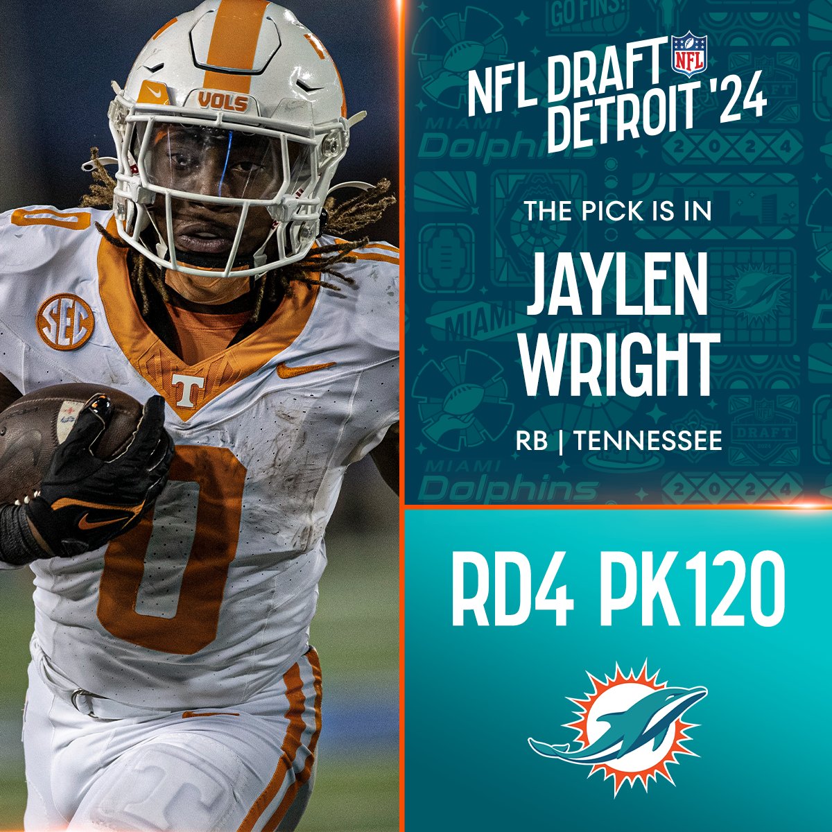 With the No. 120 overall pick in the 2024 <a href="/NFLDraft/">NFL Draft</a>, the <a href="/MiamiDolphins/">Miami Dolphins</a> select Jaylen Wright!

📺: #NFLDraft on NFLN/ESPN/ABC
📱: Stream on #NFLPlus