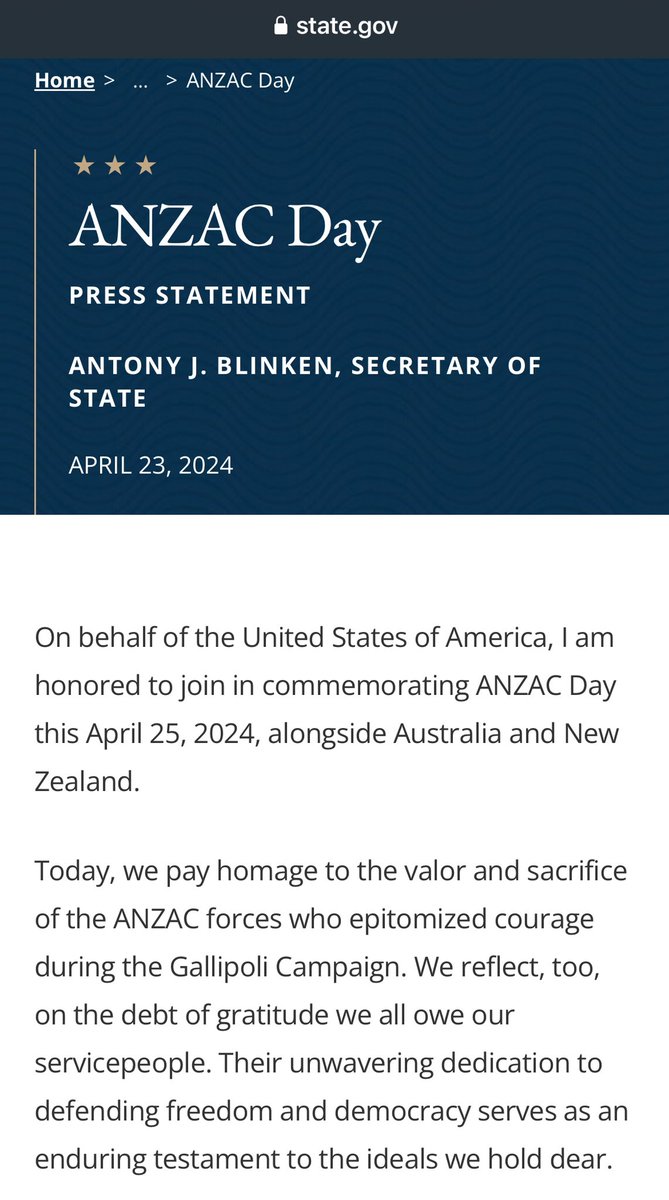 🔴 Şu rezalete bakar mısınız? ABD Dışişleri Bakanı Blinken Anzak gününde Anzakların Gelbolu’da demokrasi ve özgürlük için savaştığını iddia etmiş. Bizim ülkemizi işgale geldiniz ya**ak emperyaller, demokrasi ve özgürlükle ne alakası var? 250 bin şehit verdik! BSG <a href="/SecBlinken/">Secretary Antony Blinken</a>