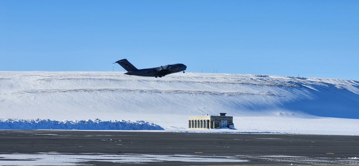 The first #OpBOXTOP of 2024 is underway! BOXTOP brings fuel, dry supplies and passengers to CFS Alert at the top of the world at different times throughout the year. Here, a @RCAF_ARC CC-177 Globemaster departs Pituffik Space Base in Greenland en route to Alert. #RCAF #WeTheNorth