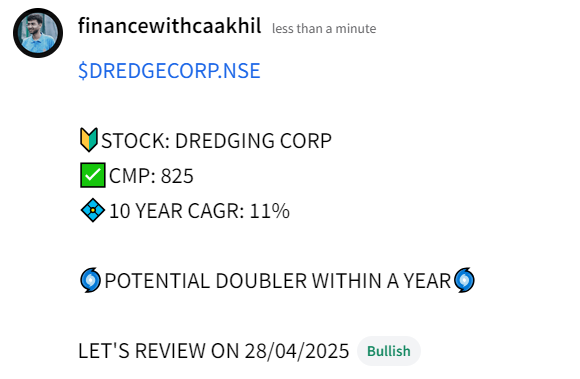 🔰STOCK: DREDGING CORP
✅CMP: 825
💠10 YEAR CAGR: 11%

🌀POTENTIAL DOUBLER WITHIN A YEAR🌀

LET'S REVIEW ON 28/04/2025