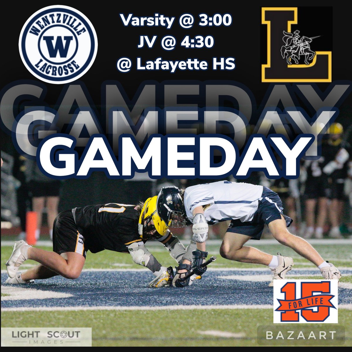 Looking forward to getting on the road today for a couple of big games vs <a href="/LHSLAX/">Lafayette Lax (STL)</a> and a good cause <a href="/15forlifeorg/">15 For Life</a> varsity at 3 and JV at 4:30