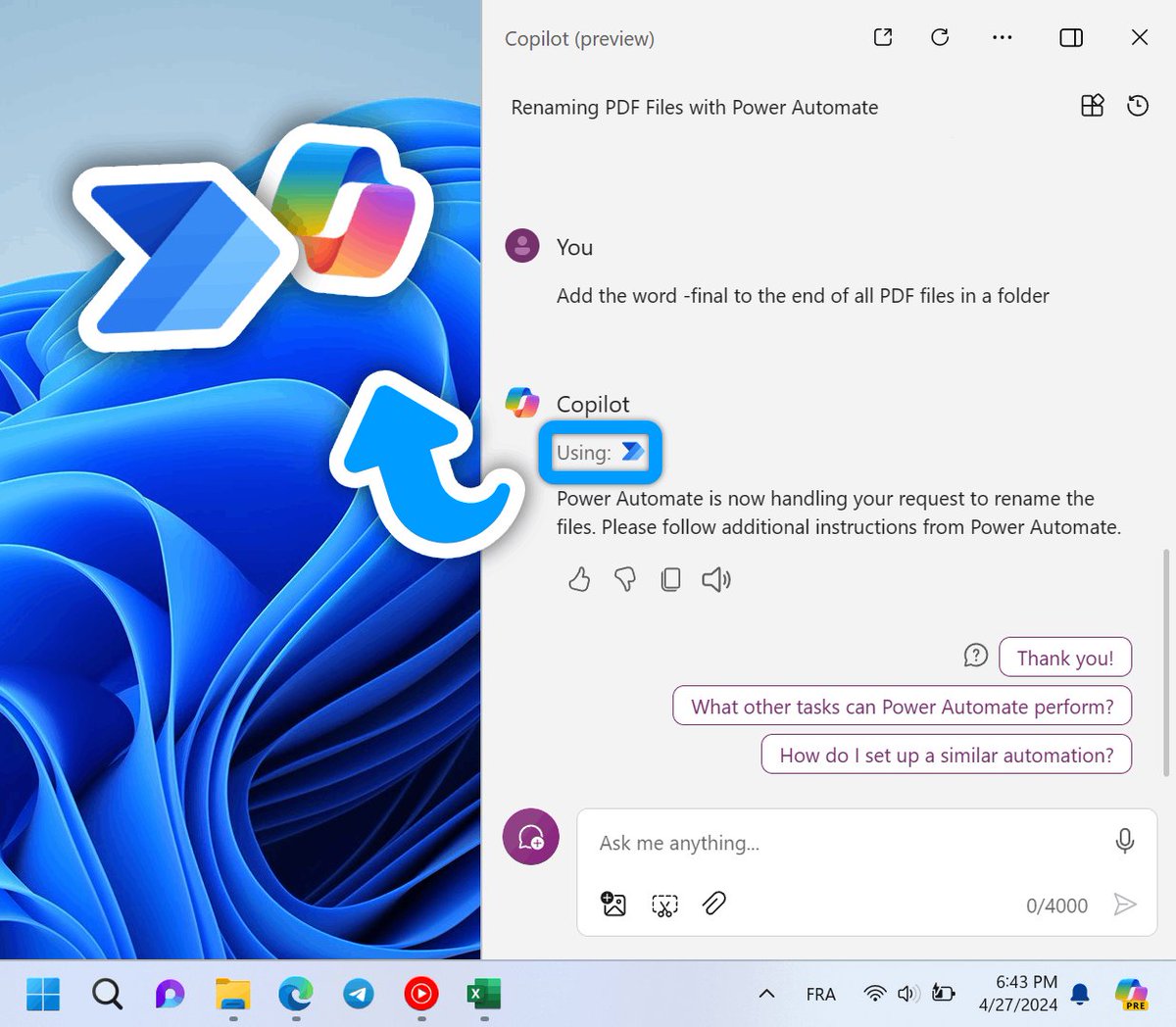 Paradigm shift.

Copilot in Windows now performs actions for you.

Tasks that used to take several minutes can now be done with a prompt.

Rename dozens of PDFs, create a ready-to-use Excel file, and so on.

Some examples and how to enable it below: