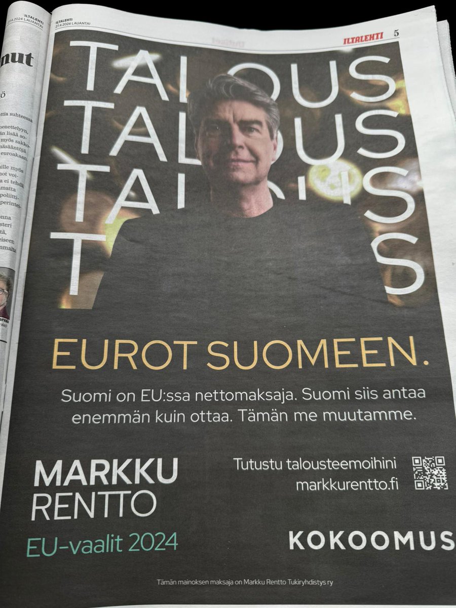 Talousasiaa, myös tämän päivän Iltalehdessä.

Eurot Suomeen.

Suomi on EU:ssa nettomaksaja. Suomi siis antaa enemmän kuin ottaa. Me muutamme tämän!

#nettomaksaja #eurovaalit #taloustaloustalous #iltalehtiontalouslehti