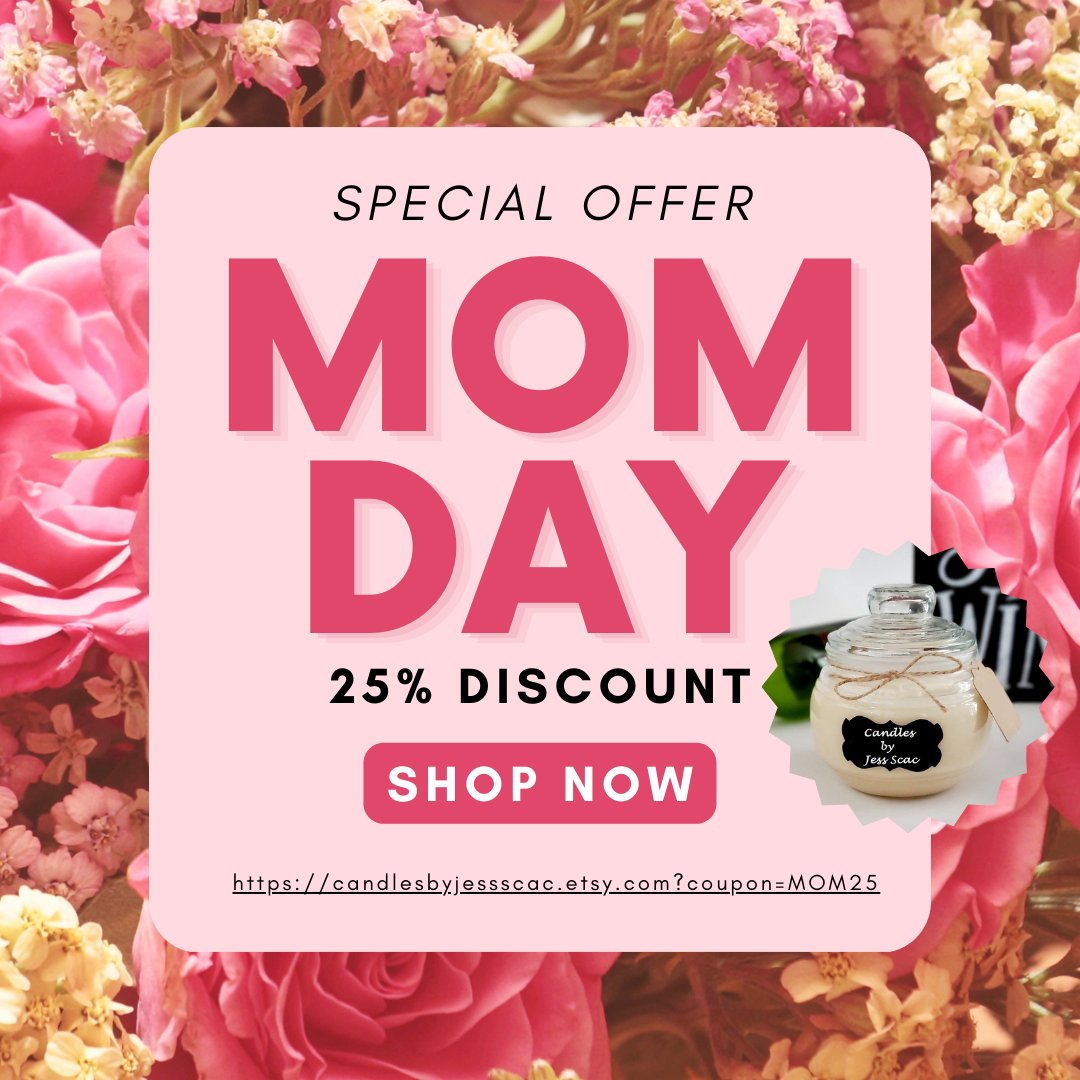 JessScachetti's tweet image. In honor of Mother's Day, you can take 25% off your candle order at my Candles by Jess Scac Etsy shop from May 1st to May 10th only! etsy.me/3ULUFPH via @Etsy 
#25PercentOff #MothersDay #Discount #Candles