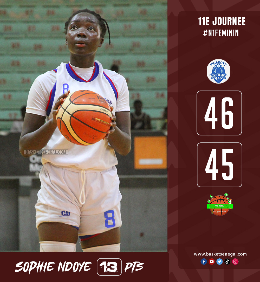 #n1feminin / 11e journée🏀 Victoire in extremis de Diamaguene BC devant l'US Rail (46-45). Sophie Ndoye (13 points) et sa bande ont su arracher la victoire malgré les 23 points de Mamy Fall. #basketsenegal #diamaguene #usrail