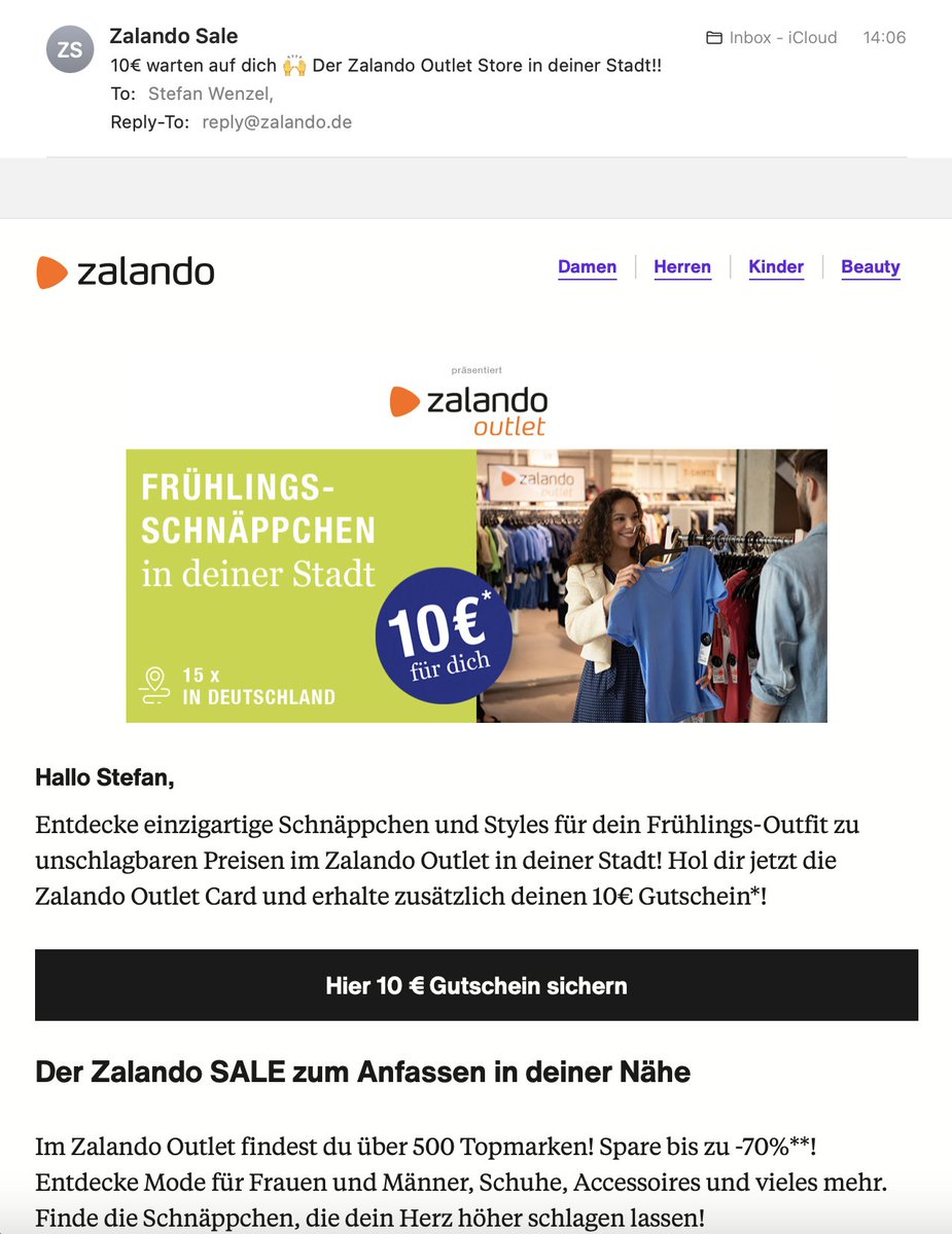 Shein wirkt - breit gestreute Werbung an Online-Bestandskunden für Offline Outlets und die 'Outlet Card' (!)...