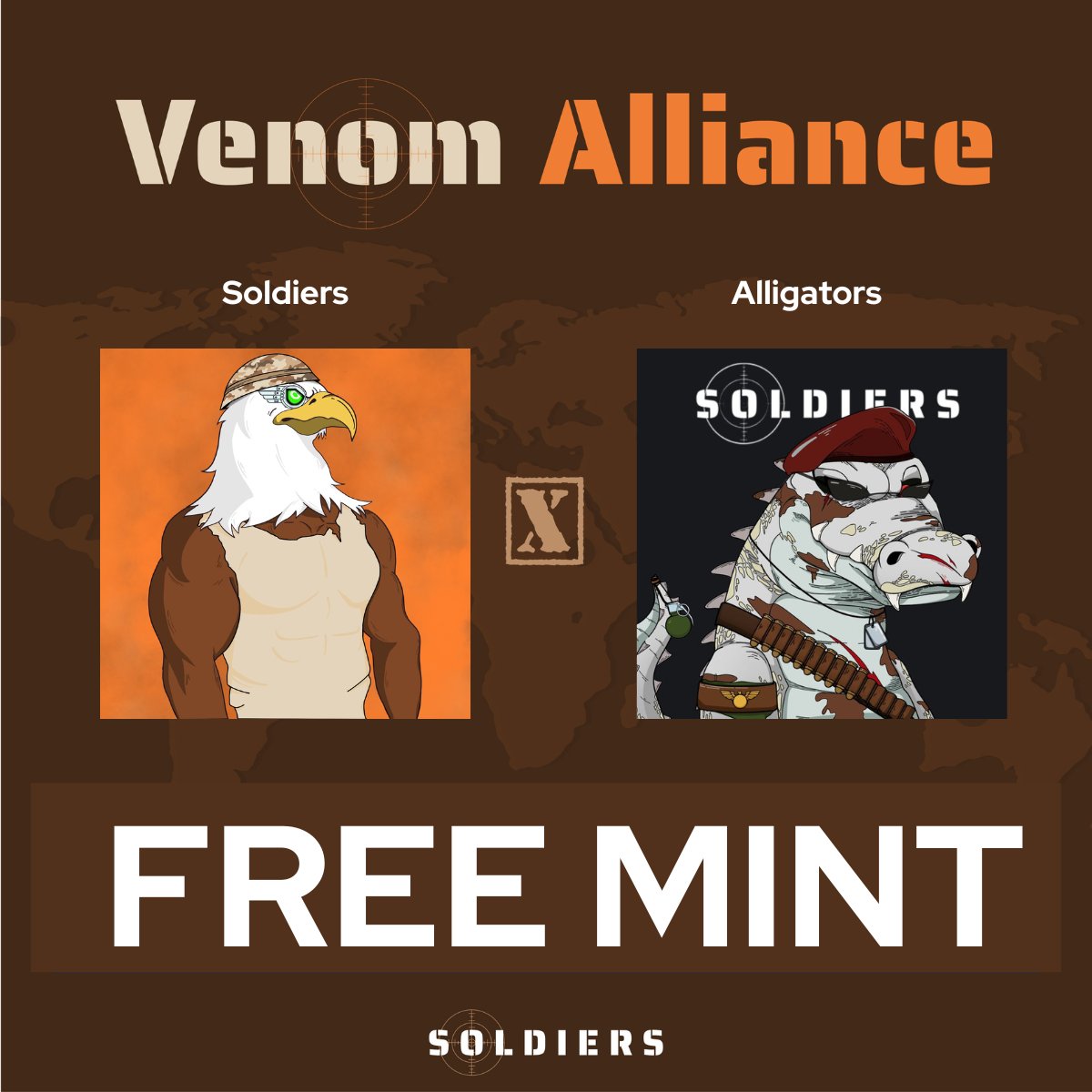 Venom Soldiers | MINT LIVE (@venom_soldiers) on Twitter photo ATTENTION SOLDIERS! 🚨
WE HAVE SOME NEWS…
Starting now, the first 20 to mint a Soldier will receive a FREE <a href="/VenomAlligators/">Venom Alligators</a> NFT! 🦅🐊
MINT HERE: venomart.io/launchpad/veno… ATTENTION SOLDIERS! 🚨
WE HAVE SOME NEWS…
Starting now, the first 20 to mint a Soldier will receive a FREE <a href="/VenomAlligators/">Venom Alligators</a> NFT! 🦅🐊
MINT HERE: venomart.io/launchpad/veno…