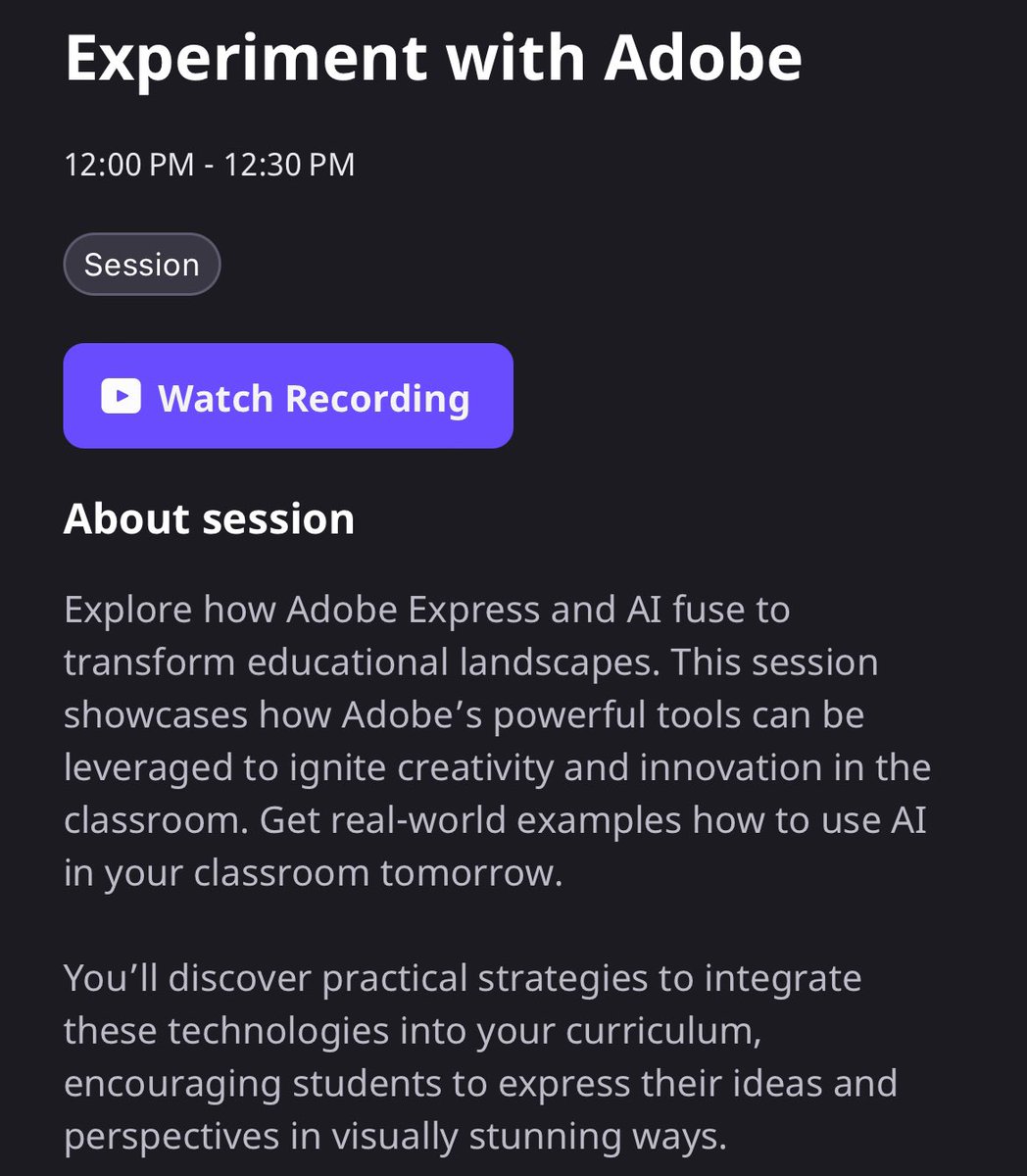 Fantastic AI For Education Summit session by @MrsBongiornoEdu and @jlubinsky showcasing experimentation and creative options for using @AdobeExpress with students! #AdobeEduCreative 🔥 💡 💻 📱