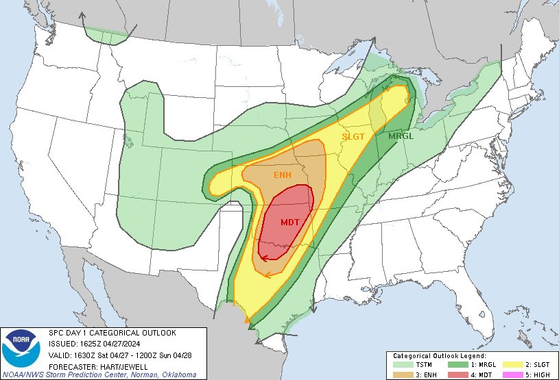 11:28am CDT #SPC Day1 Outlook Moderate Risk: this afternoon and evening across portions of southern Kansas, much of Oklahoma, and northwest Texas. spc.noaa.gov/products/outlo…