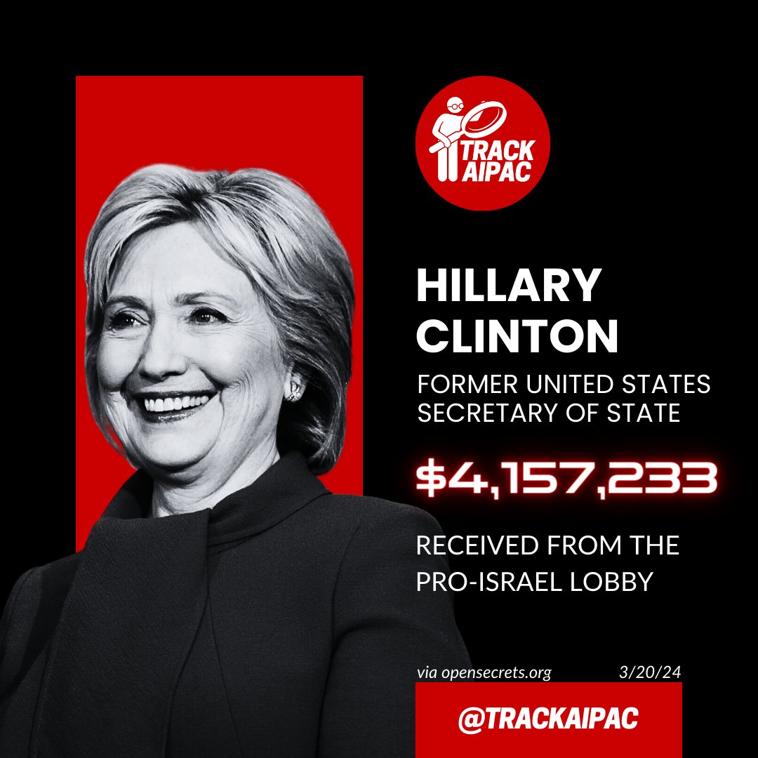 Hillary Clinton has received >$4,000,000 from AIPAC and their allies. #RejectAIPAC
#GazaGenocides #GazaWar #GazaHoloucast 
#GazaConcentrationCamp 
#IsraeliNewNazism #IsraeliTerrorists #IsraelISIS 
#IsraelisATerorristState