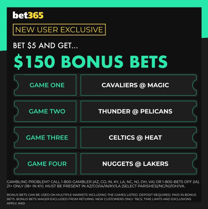 Who wants $150 to bet on today's playoffs? 🔥 - Join bet365: flashpicks.bet/bet365-JD - Bet $5+ - Get $150 bonus bets guaranteed Here's how you could use them: 🎁 $25 bonus: CLE @ ORL 🎁 $25 bonus: OKC @ NOP 🎁 $25 bonus: DEN @ LAL 🎁 $50 bonus: Any Playoff game