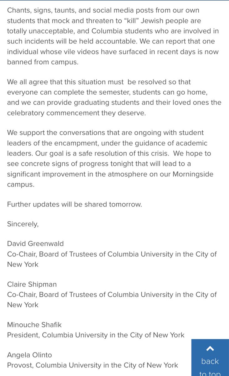 ICYMI: Columbia leadership announced last night that they will not be calling the NYPD back to campus: “We called on NYPD to clear an encampment once, but we all share the view, based on discussions within our community and with outside experts, that to bring back the NYPD at…