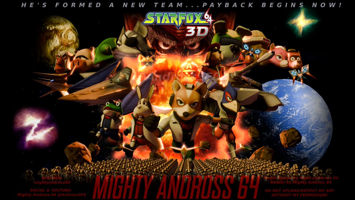 My render based on both #starfox64 & Star Fox 64 3D's promo posters to celebrate the #n64 game's release in Japan on this day in 1997! Models ripped by me.

#starfox #nintendo64 #Nintendo #blender #b3d #art #3Dart #foxmccloud #Falco #Slippy #Peppy #Andross #starwolf #nintendo3ds
