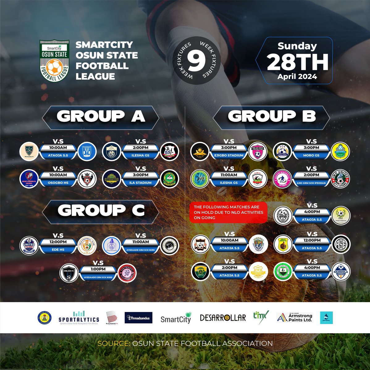 Smartcity FL Week 9 fixtures 

Are you a football scout?
Are you a big fan of grassroots football?
We have 12 matches for you at different locations in Osun on Sunday. 
It is gonna be fun!
Join us!!
@SmartCityOSFL 
@OsunFa 
@jamesagada