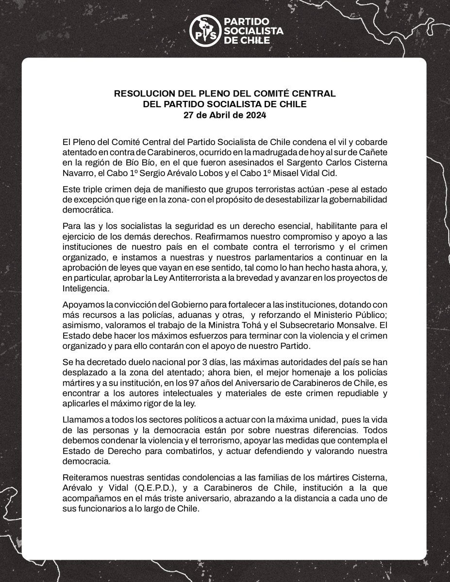 Resolución del Pleno del Comité Central del Partido Socialista de Chile que condena el atentado en contra de Carabineros de Chile.