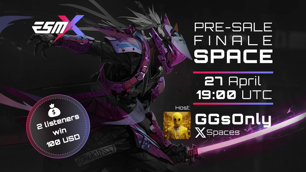 esmx_official's tweet photo. Experience the finale live tonight with the team, @GG1nvestments and guests!

🎉 2 x listeners will win 100 USD each! Live draw! 

🔔 https://t.co/DOVxzb8uer

⌛️ You have 3+ hours left in the pre-sale!

🪂 Like + RT + tag 2 friends to participate in the ongoing $20k Airdrop! https://t.co/0VcDbSIhBK