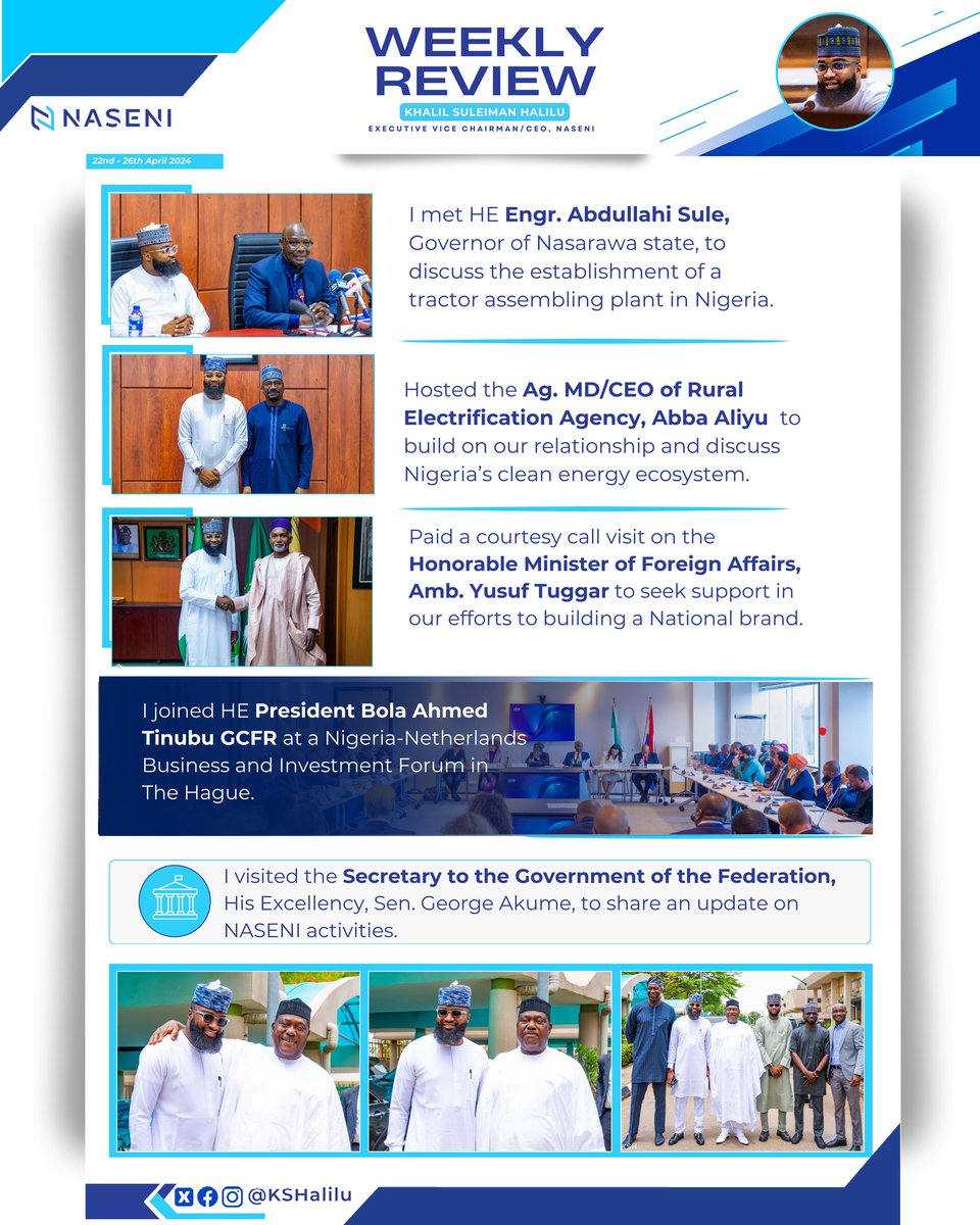 Check out a recap of the activities of @KSHalilu the Executive Vice Chairman of @NASENIHQ this week. It includes hosting HE @GovNasarawa, HM @NigeriaMFA, and MD @TheReaNigeria. He also attended the Nigeria-Netherlands Business Forum in The Hague, chaired by Pres @officialABAT