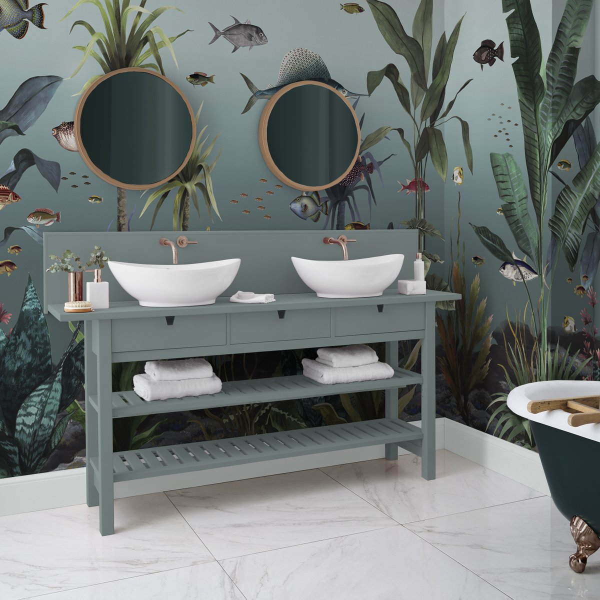 Dive into maximalism with our new Technicolour Aquarium Duck Egg bespke mural! 🐠

This intriguing design features a plethora of tropical sea life against a calming blue backdrop. We thin this design is perfect for a bathroom but where would you use it?