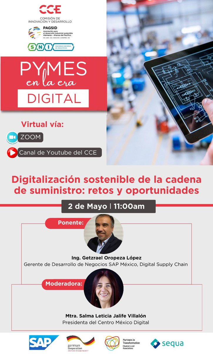 Te invitamos a la serie de webinars #PYMESEnLaEraDigital organizado por la Comisión de Innovación y Desarrollo del #CCE, y sé parte del diálogo, sobre la digitalización sostenible de la cadena de suministro para implementar buenas prácticas e integrarse a cadenas globales de…