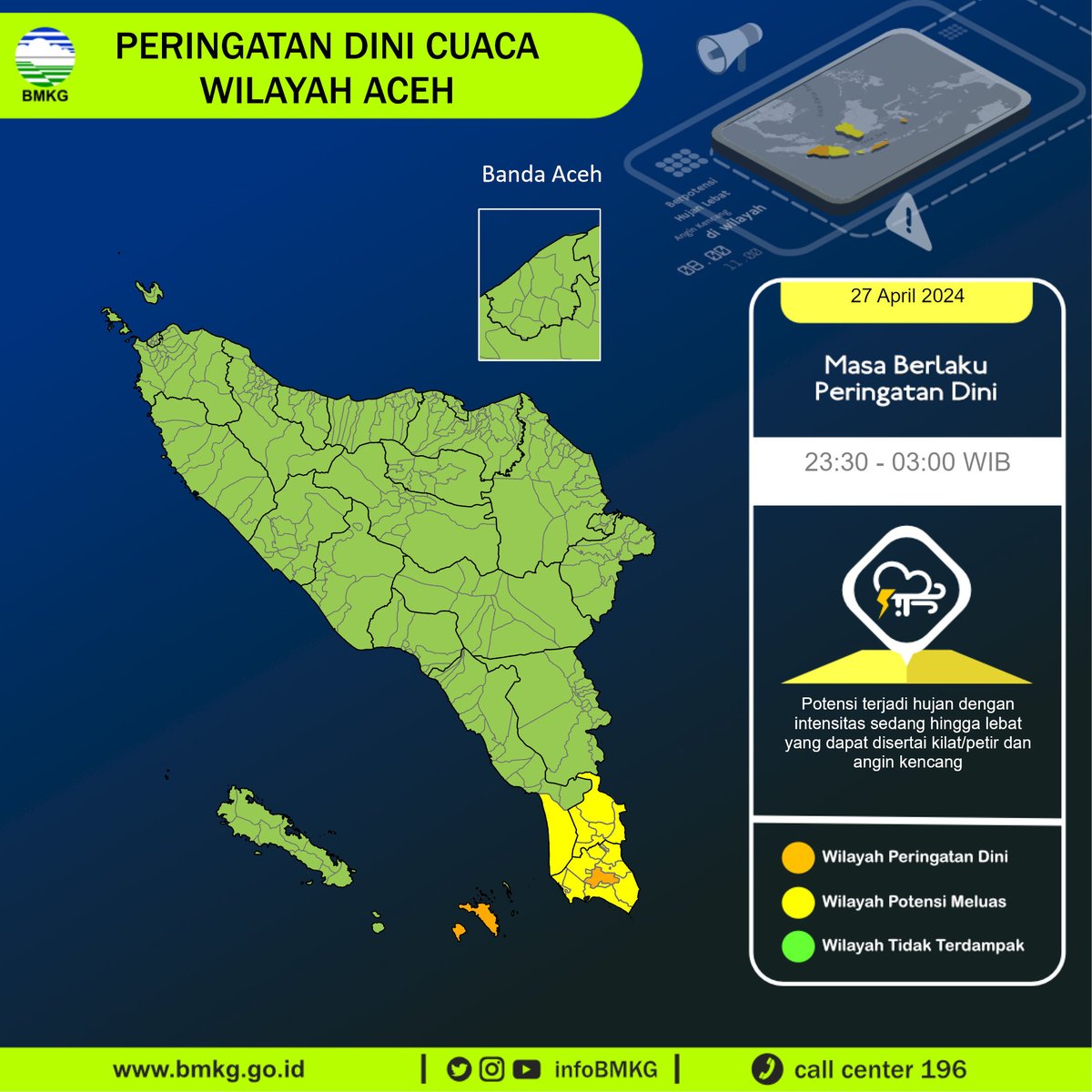 infoBMKG's tweet photo. Update Peringatan Dini Cuaca Wilayah - Aceh Tgl. 27 April 2024 pkl. 23:30 WIB
Prakirawan - BMKG - Aceh
https://t.co/aLGQan6XsM https://t.co/SFN3ADdWEC