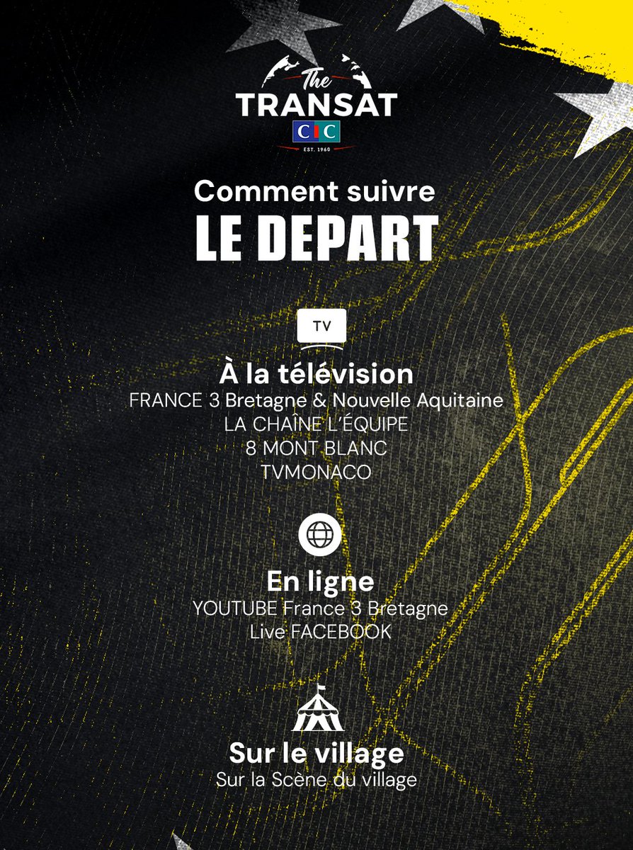 ⏳ Veille de départ 🏁
À la maison ou sur le village à Lorient, préparez-vous à suivre le départ de <a href="/bureauvallee/">Bureau Vallee</a> sur <a href="/The_Transat_CIC/">The Transat CIC</a> en direct 👇

ℹ️ Début du live à 13h et départ à 13h30 🕰️
