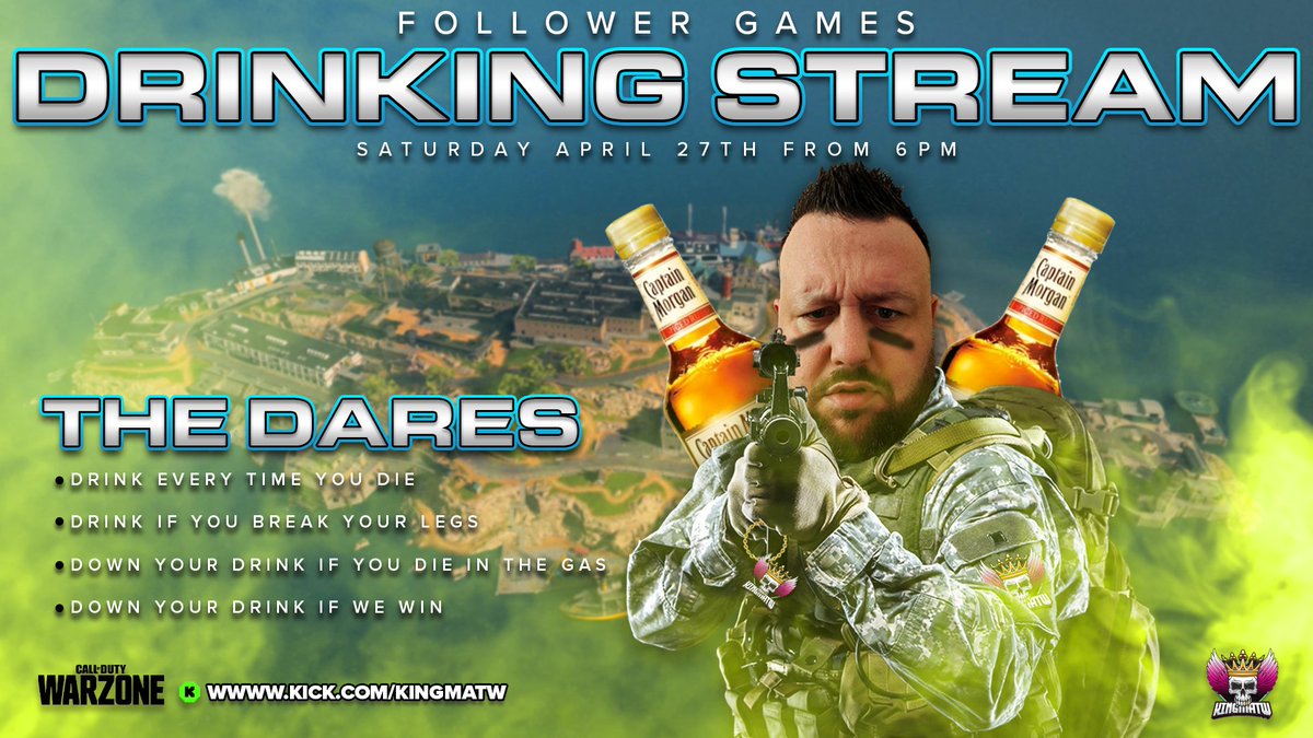 KingMatW's tweet photo. Live Now I'll be running FOLLOWER GAMES from NOW with drinking dares, come join me for the chaos, fun and laughs like only we do !join to get involved https://t.co/xfLy6EnJSm #drunk #followergames #kick https://t.co/xVbJYU9Ctg