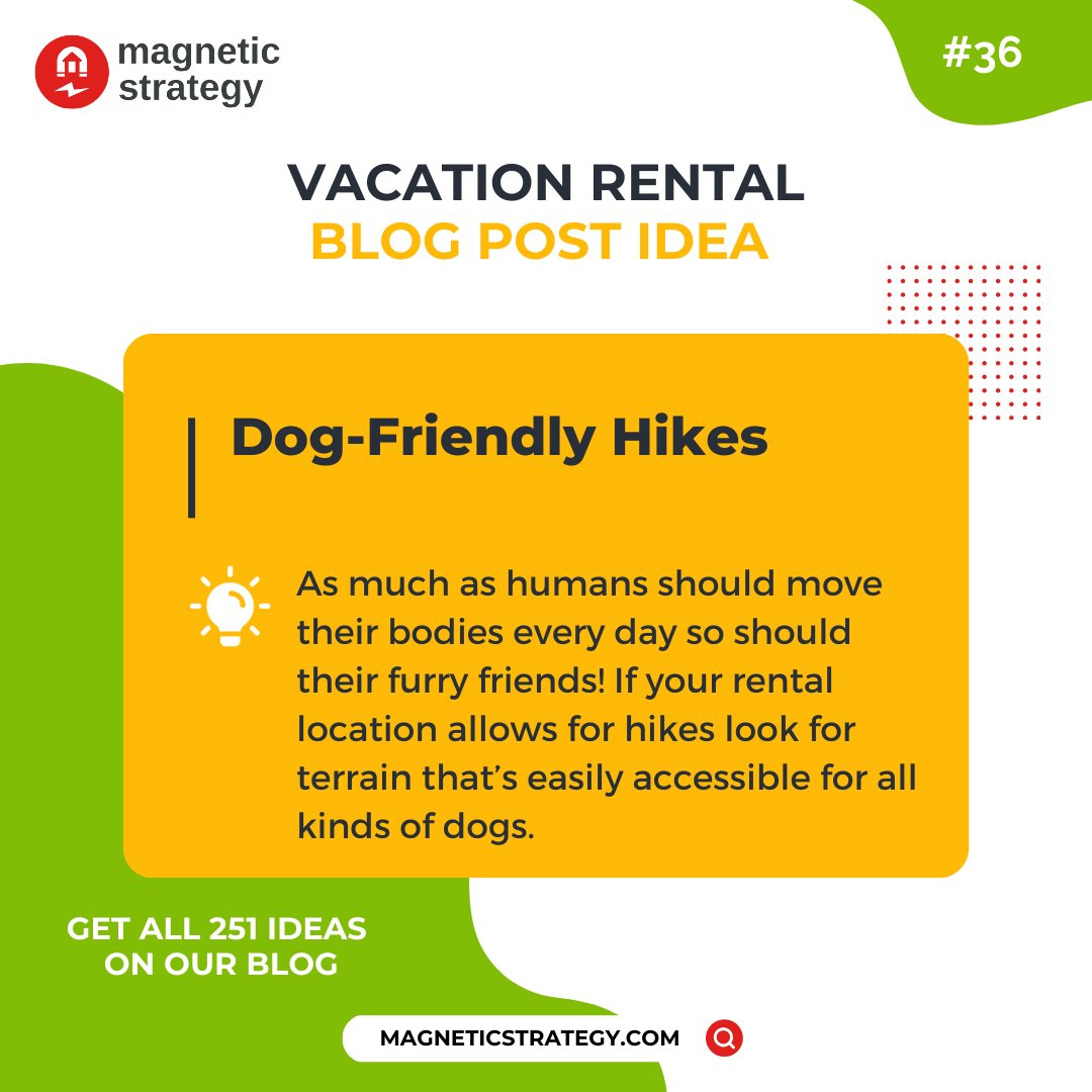 Exercise your furry friends! If your rental location allows for hikes look for terrain that's easily accessible for all kinds of pets. 

#vacationrentals #vacationrentalmanagers #vrm #shorttermrentals #propertymanagers #propertymanagement #blogging #contentideas