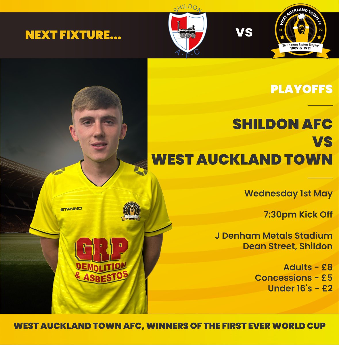 Next up….. We take the short journey up to Shildon in the play offs this Wednesday 7:30 kick off Let's get a good crowd behind the lads See ya there ⚽️