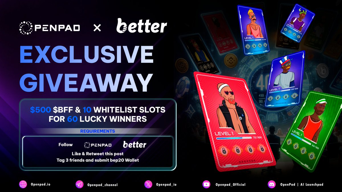 🚀 WIN $500 $BFF AND 10 WHITELIST SLOTS WITH @Betterfanapp #AIRDROP Enter the betting world of Better Fan and take your chance to score big wins! 1️⃣ Follow @Openpad_io & @Betterfanapp 2️⃣ Like, RT, and tag 3 friends 3️⃣ Submit your BEP20 wallet 📆 Timeline: Apr 27 - May 02,…