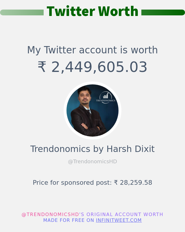 मेरा ट्विटर मूल्य है: ₹ 2,449,605.03 ➡️ infinitytweet.me/account-worth?…