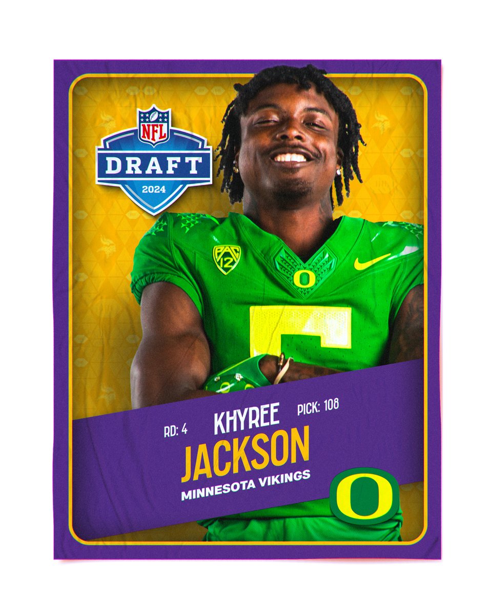 Skol. @OregonFootball's Khyree Jackson is selected by the @Vikings in the 4th round of the #NFLDraft. #GoDucks