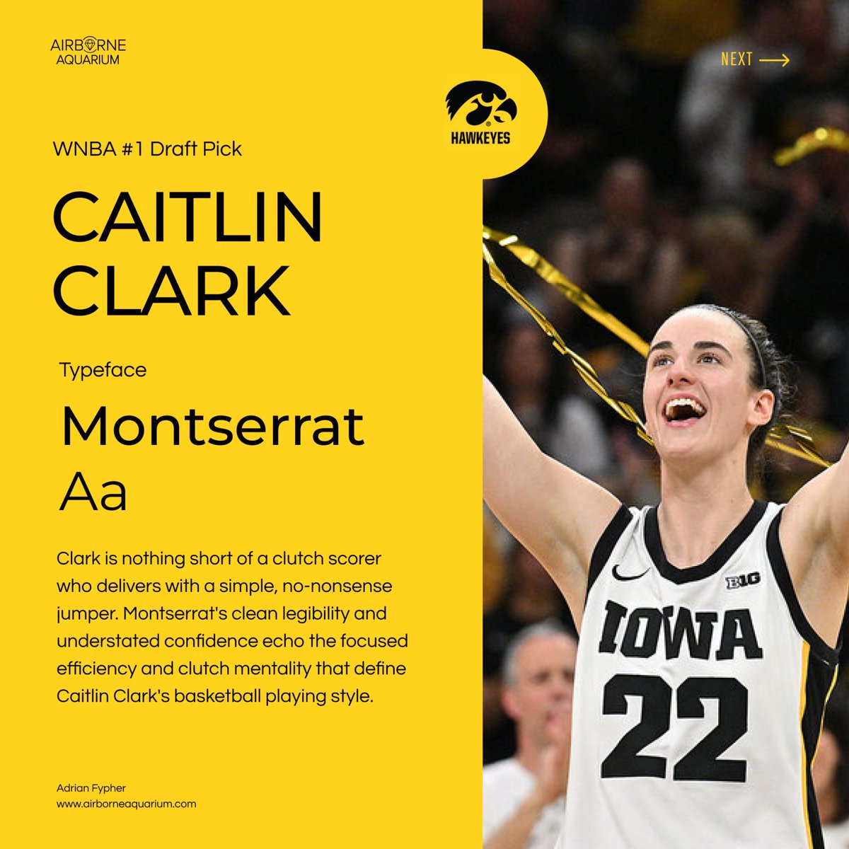 Eski design instructor'larimdan bir tanesi Typefaces as Ballers diye bir seri yapiyor ve Women's NCAA Serisi icin Caitlin Clark'i secmis.

Montserrat'i hakkaten cok accurate buldum :)