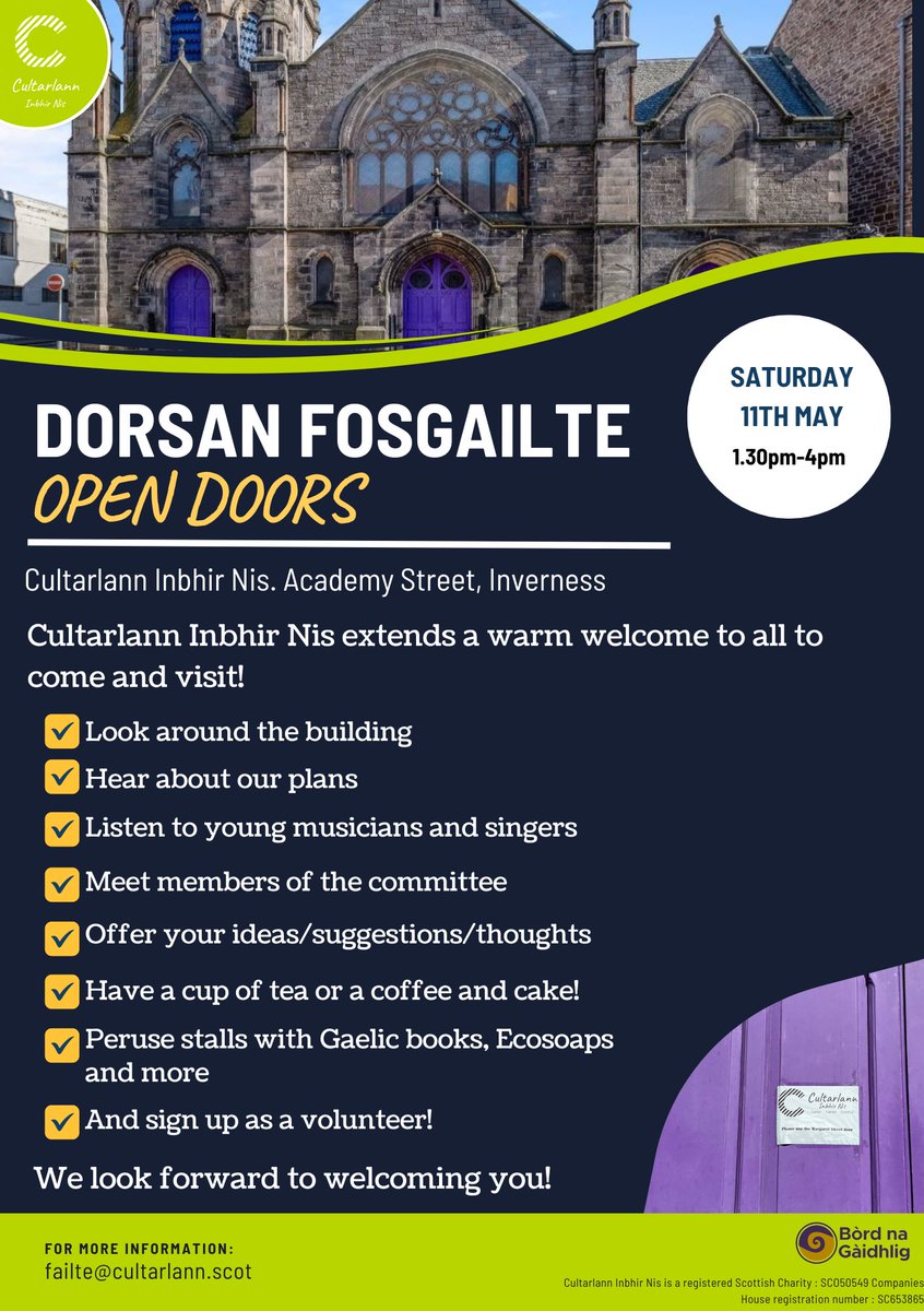 Tha Cultarlann Inbhir Nis a toirt cuireadh dhuibh uile tighinn airson an Là Dorsan Fosgailte againn. Tha sinn an dòchas gum faic sinn ann sibh!

Cultarlann Inbhir Nis extends a warm welcome to all to come and visit us on our Open Doors Day. We hope to see you there! 💚