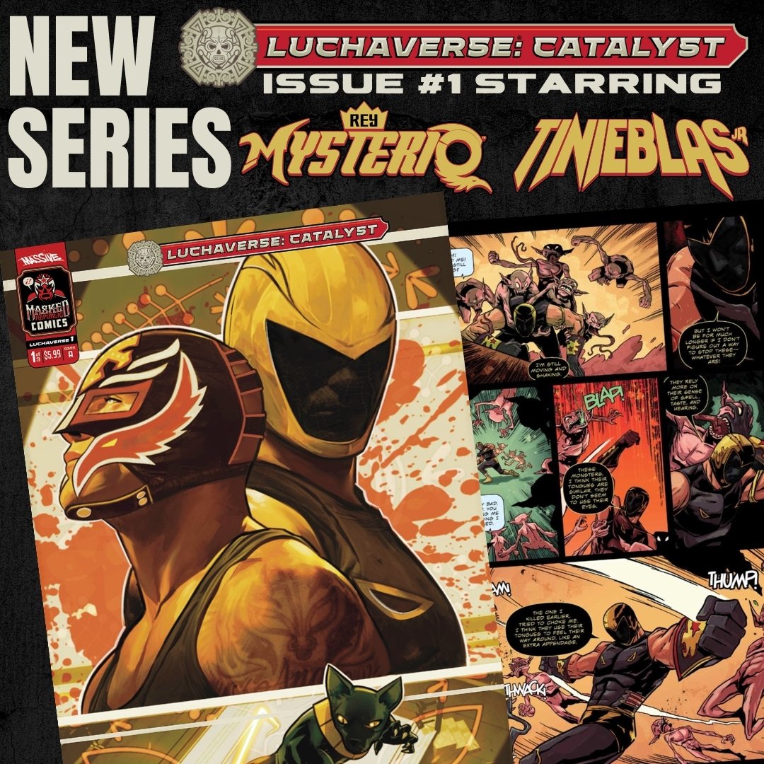 NEW SERIES ANNOUNCEMENT ➡️ Luchaverse: Catalyst - The first issue starts with a bang 🔥 It's starring Rey Mysterio and Tinieblas Jr. ! Massive & @maskedrepublic team up this July to launch the most exciting luchador stories! Pre-order at your LCS or massivepublishing.com