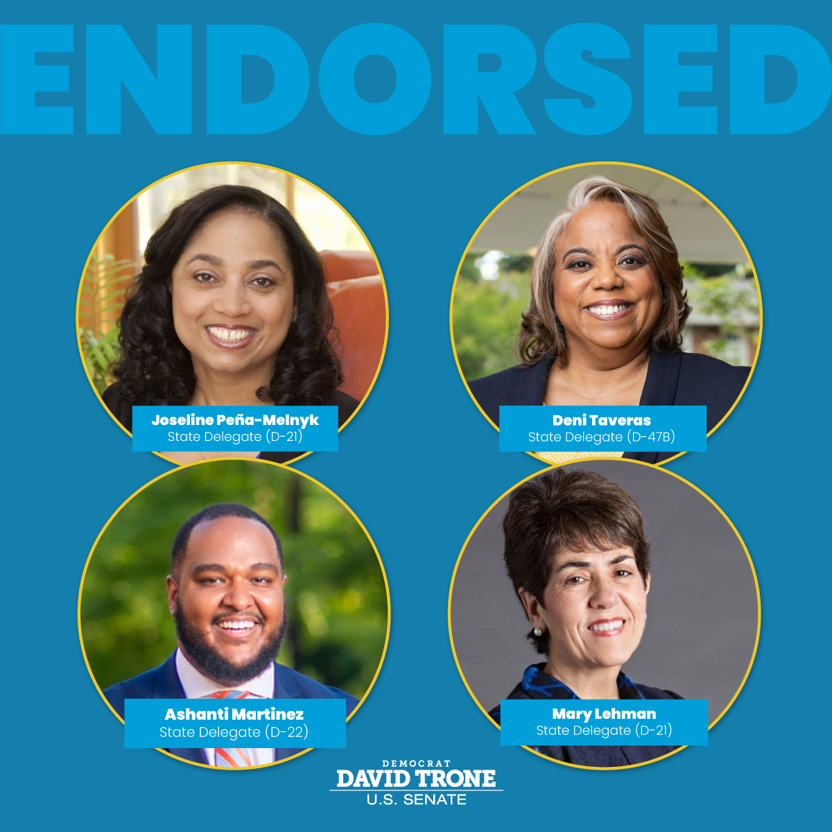 ICYMI: Leaders across Prince George's County are on Team Trone, and I couldn't be more grateful. I’m honored to have the endorsement of Delegates @JPenaMelnyk, @PGCMDeniTaveras, @MartinezforMD, and @MaryLehman_D1 in our race for the U.S. Senate.