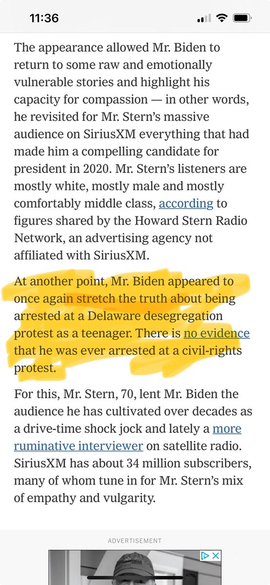 How did ⁦@nytimes⁩ describe ⁦@JoeBiden⁩ lying to Howard Stern about being arrested at a civil rights protest? By saying Biden “appeared to once again stretch the truth.” He didn’t “stretch the truth” he lied. Why won’t ⁦@nytimes⁩ say Biden lied?