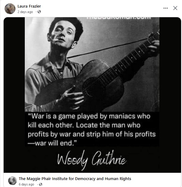 War is a game played by maniacs who kill each other. Locate the man who profits by war and strip him of his profits--war will end.

#antiwar #profits #MilitaryIndustrialComplex