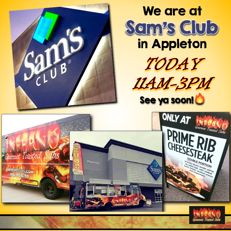 InfernoSubs's tweet photo. TODAY: @SamsClub in #Appleton across from @thehomedepot until 3PM -- serving our full menu including our original Prime Rib Cheesesteak subs🧀🥖 and jumbo soft warm pretzels🥨. See ya soon!🔥
#TheBestSandwichIveEverHad #TheOriginalInferno #foodtruckfood #SamsClub6321 #InfernoSubs https://t.co/pZ43nH4Mfw