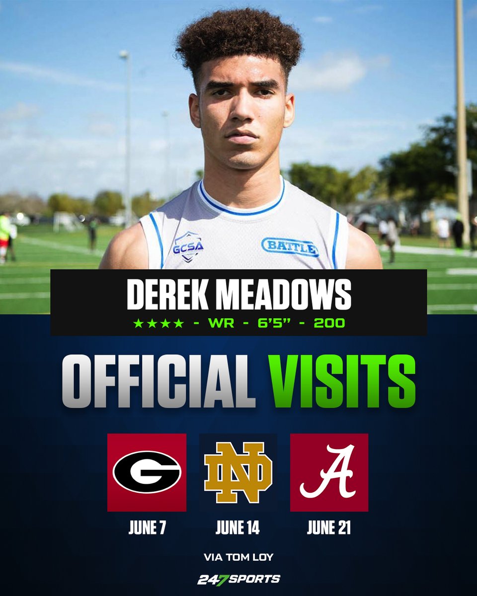 Three big Official Visits set for elite class of 2025 Top 100 receiver Derek Meadows. Can #NotreDame #Alabama or #Georgia land him? A few other trips are expected as well. This is a major battle for one of the best. VIP: 247sports.com/article/three-… @Derek_Meadows30 @247Sports