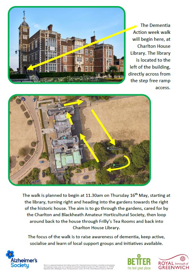 This #DementiaActionWeek #CharltonLibrary invite you to walk around @CharltonHouseGW to raise awareness and keep active. Join us and partners on Thursday 16 May from 11.30am-12.30pm to get the conversation going. 📚 #LoveYourLibrary