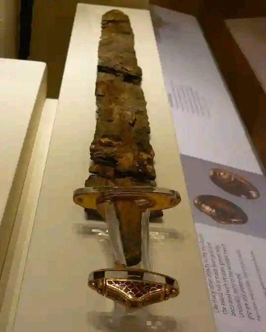 Sword from the Anglo-Saxon Sutton Hoo ship-burial, dates to approximately 620 AD, Suffolk, England.

This sword is one of the many artifacts discovered in the Sutton Hoo ship-burial, which is thought to have belonged to one of four East Anglian kings: Eorpwald, Raedwald and